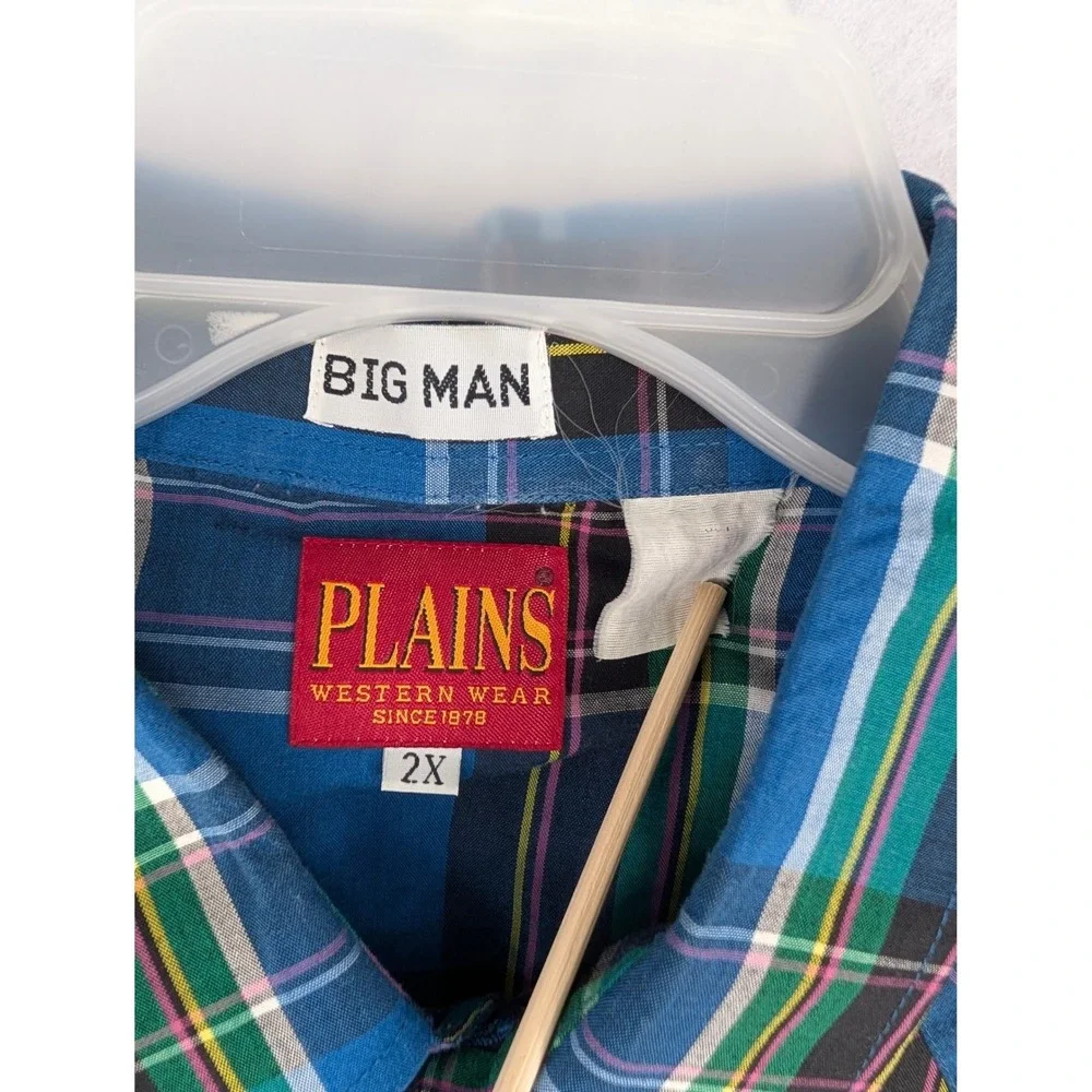Vintage Plains Western Wear Mens 2X Big‎ Man Blue Plaid SS Pearl Snap Shirt